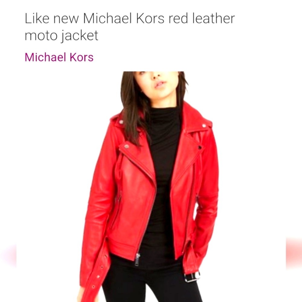 Michael Kors crinkled leather moto jacket in “Scarlet” size M
